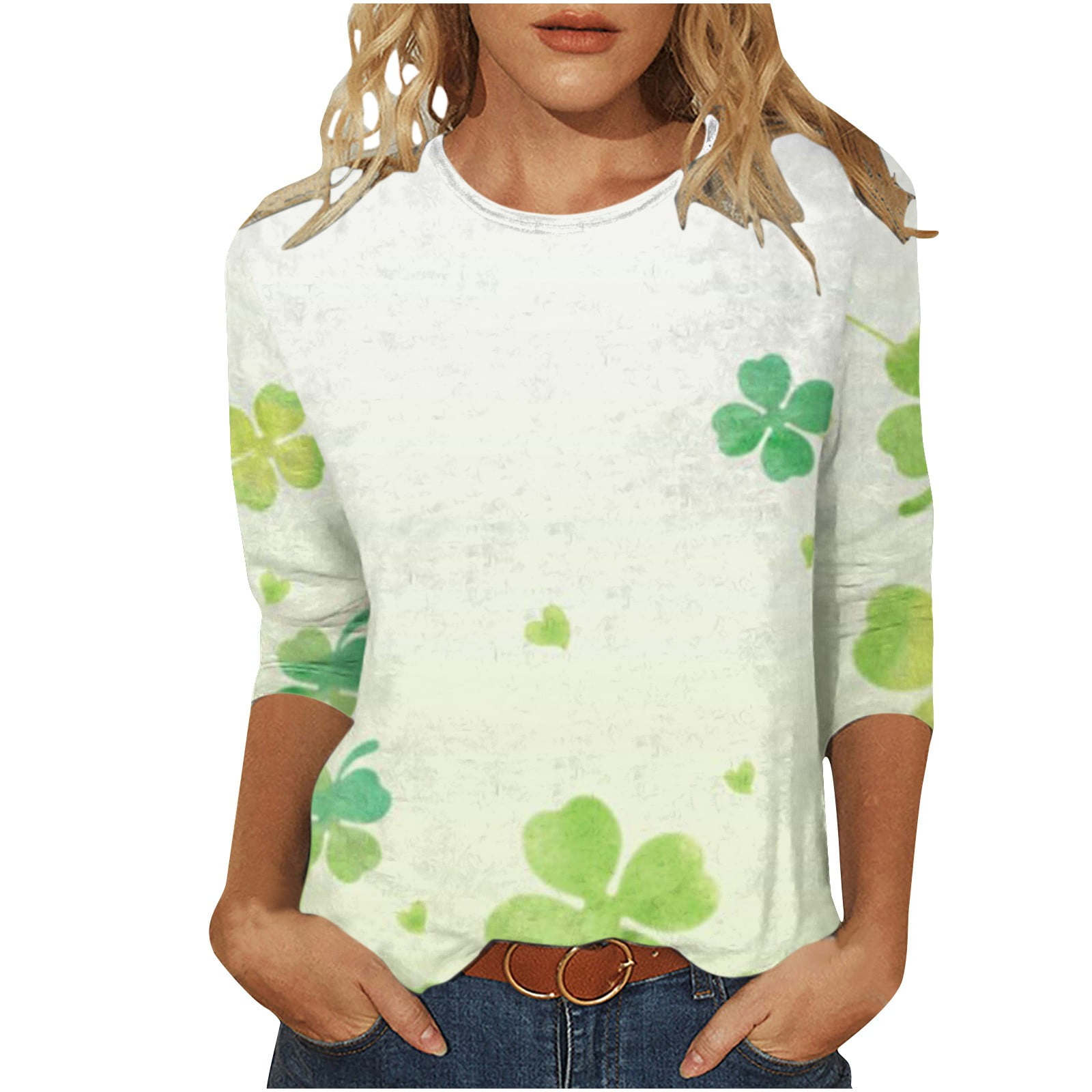 Womens St. Patrick's Day Shirts 3/4 Sleeve Crewneck T Shirt Clover Shamrock Tops Casual Vacation Tunic Tee Tops