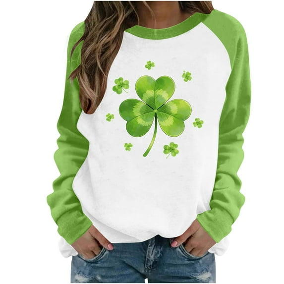 BLVB Womens St. Patricks Day Shamrock Sweatshirt Raglan Sleeve Clover Print Jumper Crew Neck Pullover Tops Gifts for Women