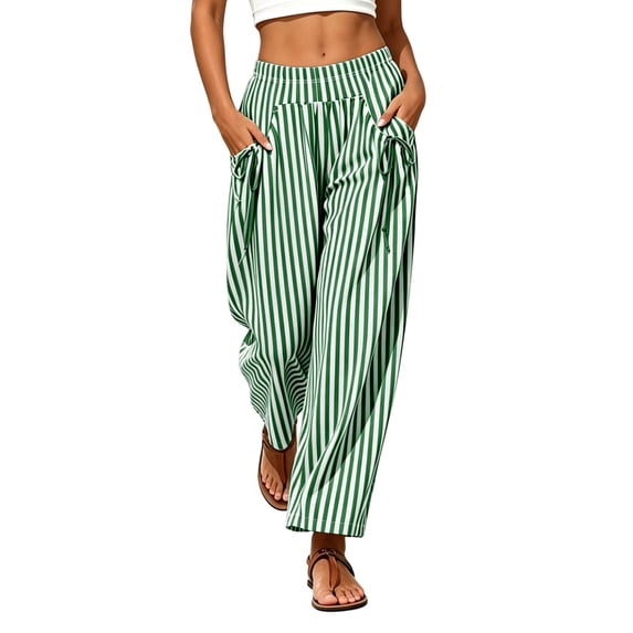 BLVB Womens Striped Pants Wide Leg Flowy Palazzo Pants Summer Beach Vacation Outfits Loose Trousers with Pockets