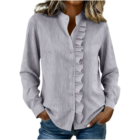 BLVB Womens Striped Ruffle V Neck Button down Blouse Casual Long Sleeve Trendy Tops Work Shirt Fashion Outfits