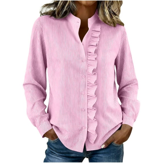 BLVB Womens Striped Ruffle V Neck Button down Blouse Casual Long Sleeve Trendy Tops Work Shirt Fashion Outfits