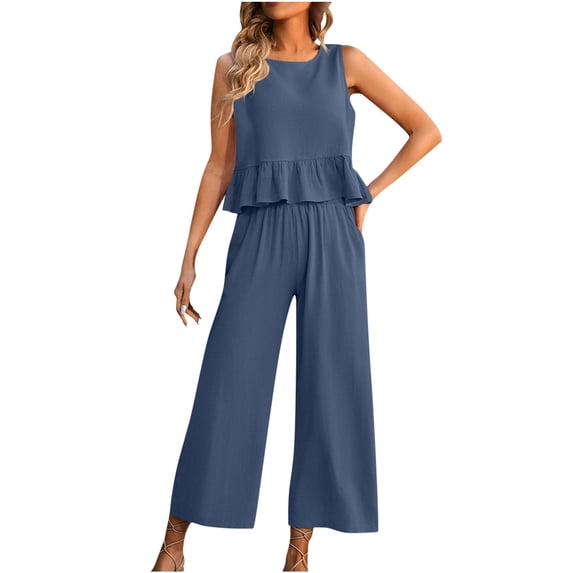 BLVB Womens Summer 2 Piece Outfits Casual Crewneck Sleeveless Ruffle Hem Tank Tops and Wide Leg Pants Lounge Sets