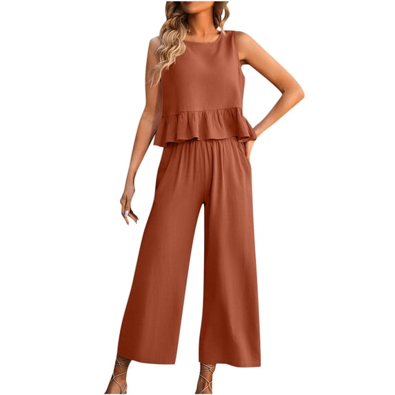 BLVB Womens Summer 2 Piece Outfits Casual Crewneck Sleeveless Ruffle Hem Tank Tops and Wide Leg Pants Lounge Sets