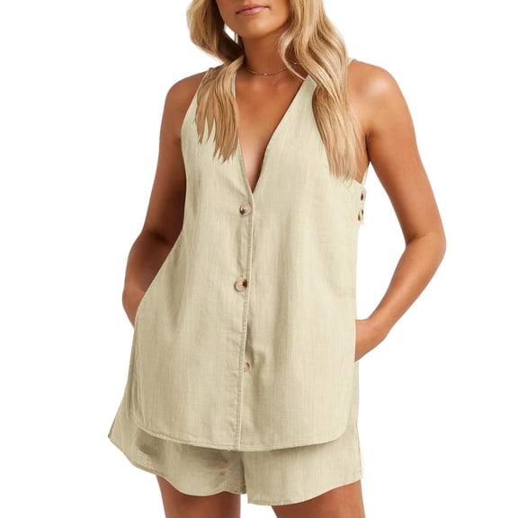 BLVB Womens Summer 2 Piece Outfits Casual Shorts Set Sleeveless V Neck Button down Tank Tops and Shorts Loungewear