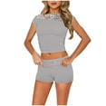 thumbnail image 1 of BLVB Womens Summer 2 Piece Outfits Casual Slim Lace Splicing Short Sleeve Tops and Low Rise Shorts Sets, 1 of 4