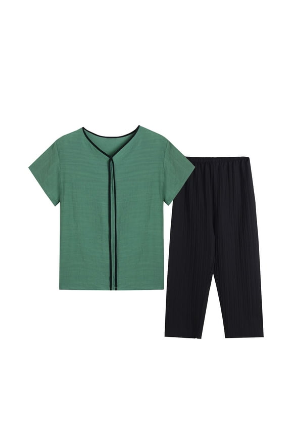 Womens Summer 2 Piece Outfits Crewneck Short Sleeve T Shirts Tops Long Pants Linen Lounge Sets