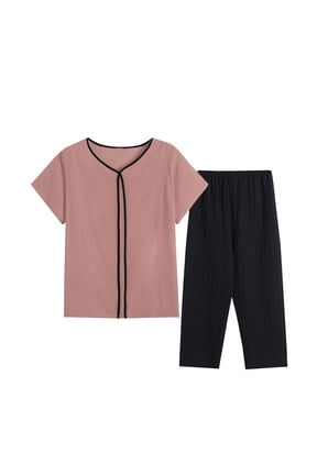 Womens Summer 2 Piece Outfits Crewneck Short Sleeve T Shirts Tops Long Pants Linen Lounge Sets