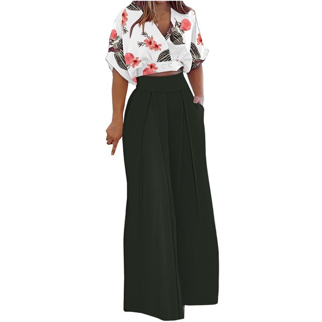 BLVB Womens Summer 2 Pieces Outfits Short Sleeve V Neck Crop Top with