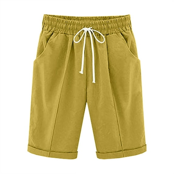 BLVB Womens Summer Bermuda Shorts Casual Beach Elastic Waist Drawstring Comfy Long Shorts Knee Length Cotton Linen Shorts with Pockets