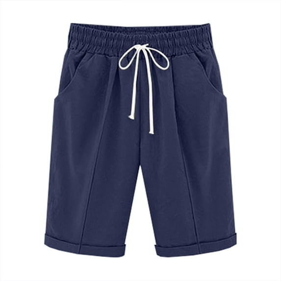 BLVB Womens Summer Bermuda Shorts Casual Beach Elastic Waist Drawstring Comfy Long Shorts Knee Length Cotton Linen Shorts with Pockets
