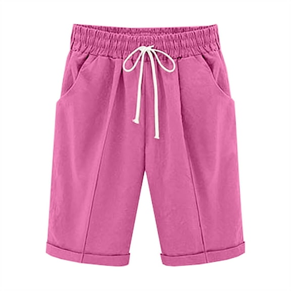 BLVB Womens Summer Bermuda Shorts Casual Beach Elastic Waist Drawstring Comfy Long Shorts Knee Length Cotton Linen Shorts with Pockets