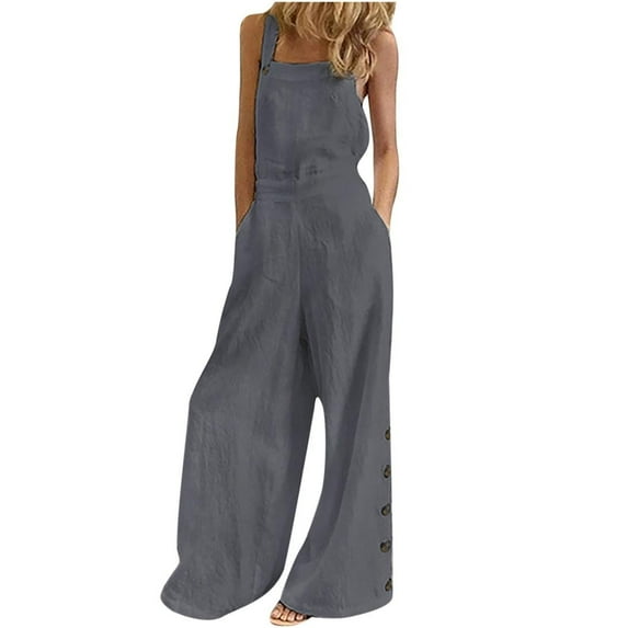 BLVB Women's Summer Bib Overalls Casual Baggy Plaid Sleeveless Buttons Wide Leg Pants Jumpsuits Romper with Pockets