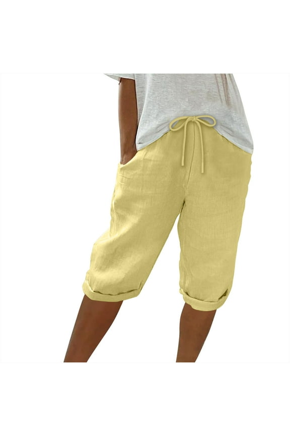 Womens Summer Capri Pants Casual Cotton Linen Capris Elastic Waist Drawstring Beach Lounge Trousers with Pockets