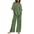 thumbnail image 1 of BLVB Womens Summer Casual 2 Piece Beach Outfits Short Sleeve Eyelet Tops with Palazzo Pants Lounge Sets with Pockets, 1 of 5