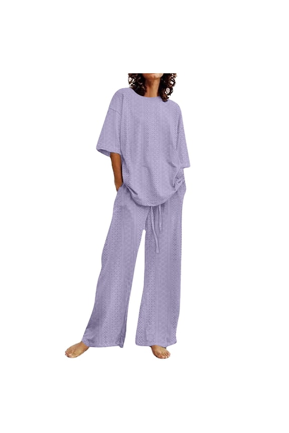 Womens Summer Casual 2 Piece Beach Outfits Short Sleeve Eyelet Tops with Palazzo Pants Lounge Sets with Pockets