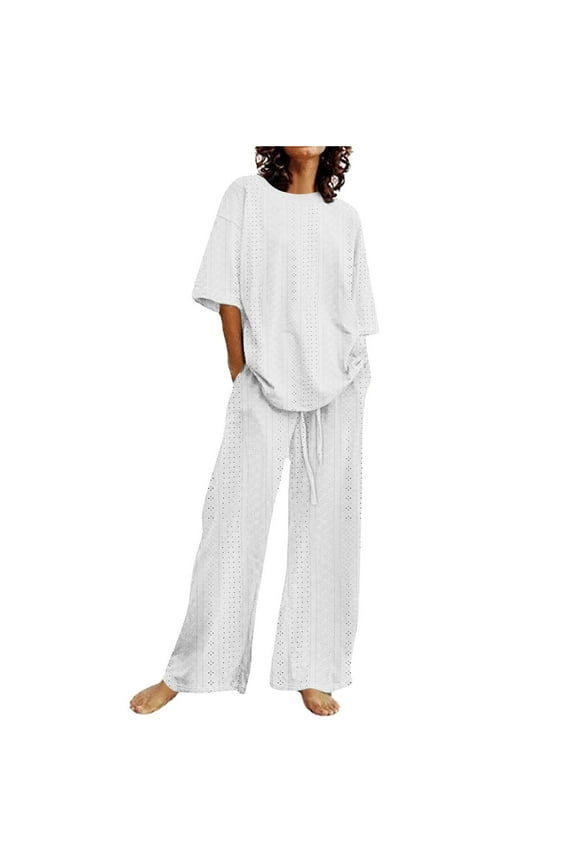 Womens Summer Casual 2 Piece Beach Outfits Short Sleeve Eyelet Tops with Palazzo Pants Lounge Sets with Pockets