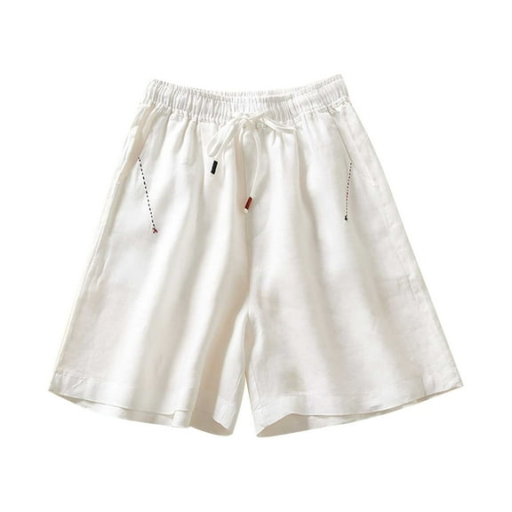 BLVB Womens Summer Casual Shorts Drawstring Waist Cotton Linen Short Pants Loose Wide Leg Beach Shorts with Pockets