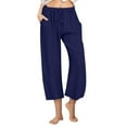 thumbnail image 1 of BLVB Womens Summer Cotton Linen Capri Pants Baggy Solid Color Wide Leg Capris Comfy Beach Cropped Trousers Drawstring Waist, 1 of 7
