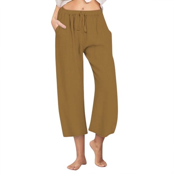 BLVB Womens Summer Cotton Linen Capri Pants Baggy Solid Color Wide Leg Capris Comfy Beach Cropped Trousers Drawstring Waist