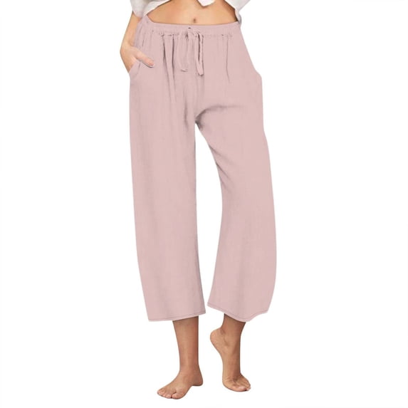 BLVB Womens Summer Cotton Linen Capri Pants Baggy Solid Color Wide Leg Capris Comfy Beach Cropped Trousers Drawstring Waist