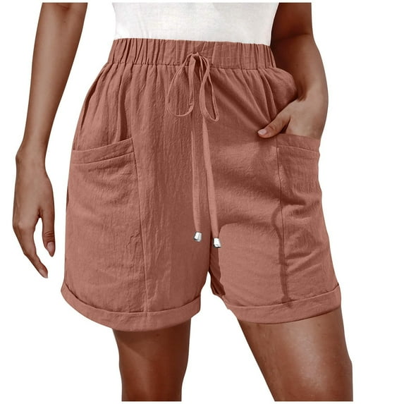 BLVB Womens Summer Cotton Linen Shorts Fashion Drawstring Waist Loose Wide Leg Beach Lounge Shorts with Pockets