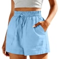 thumbnail image 1 of BLVB Womens Summer Cotton Linen Shorts Elastic Waist Drawstring Shorts Ruffle Wide Leg Casual Beach Shorts with Pockets, 1 of 6