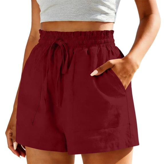 BLVB Womens Summer Cotton Linen Shorts Elastic Waist Drawstring Shorts Ruffle Wide Leg Casual Beach Shorts with Pockets