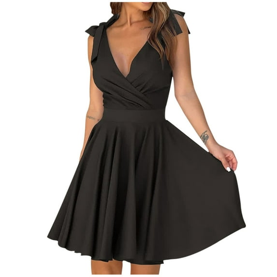 BLVB Womens Summer Dresses Deep V Neck Sleeveless Knot Straps High Waisted A-Line Flowy Party Beach Mini Dress