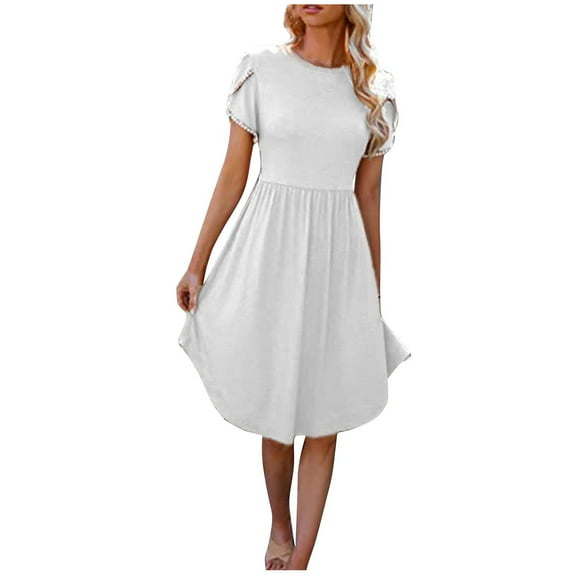 BLVB Womens Summer Dresses Trendy Lace Trim Petal Sleeve Casual Pleated A-Line Flowy Beach Midi Dresses