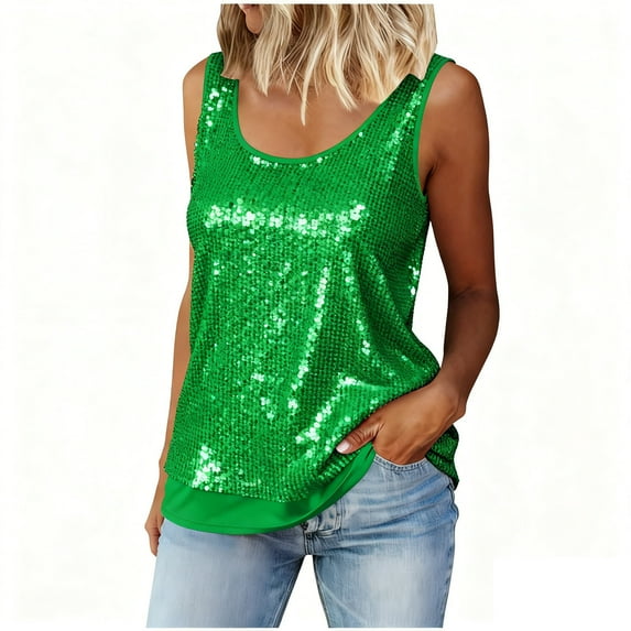 BLVB Womens Summer Fashion Sequin Tops Scoop Neck Sequin Sparkle Sleeveless Tanks Tops Blouses Party Camisole