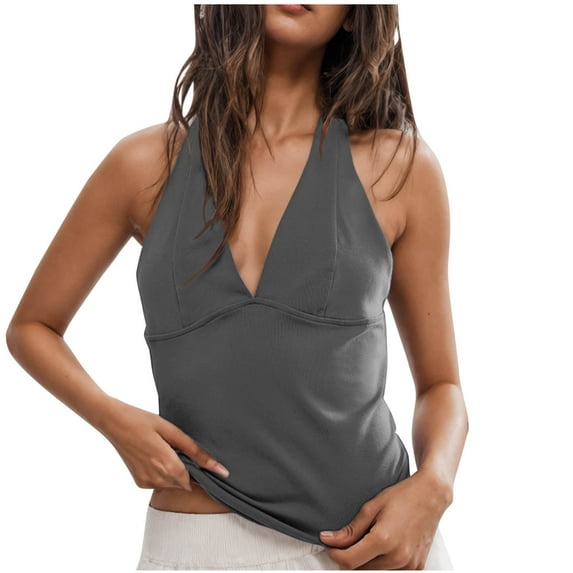 BLVB Womens Summer Halter Tank Tops V Neck Going out Crop Tops Sleeveless Backless Tank Shirts Party Club Outfits