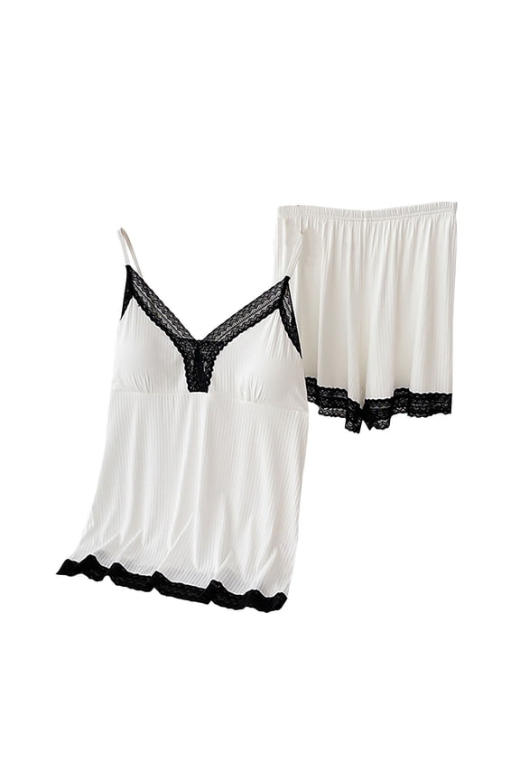 Womens Summer Pajama Sets 2 Piece Lace V Neck Cami Tops Built-In Bras and Shorts Lounge Outfits Sleepwear