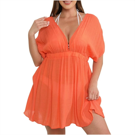 BLVB Womens Summer Plus Size Beach Cover up Short Sleeve Deep V Neck Pleated Mini Dress Swimsuit Cover Ups Beachwear
