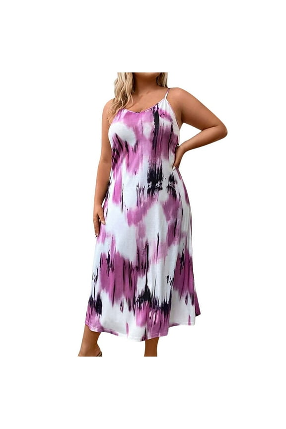 Womens Summer Plus Size Maxi Dresses Scoop Neck Spaghetti Straps Tie Dye Long Dress Sleeveless Beach Sundress