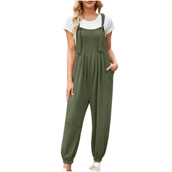 BLVB Womens Summer Ribbed Bib Overalls Jumpsuits Casual Loose Solid Color Cinch Bottom Pants Rompers Beach Outfits with Pockets