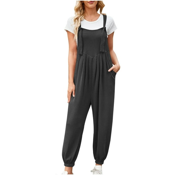 BLVB Womens Summer Ribbed Bib Overalls Jumpsuits Casual Loose Solid Color Cinch Bottom Pants Rompers Beach Outfits with Pockets