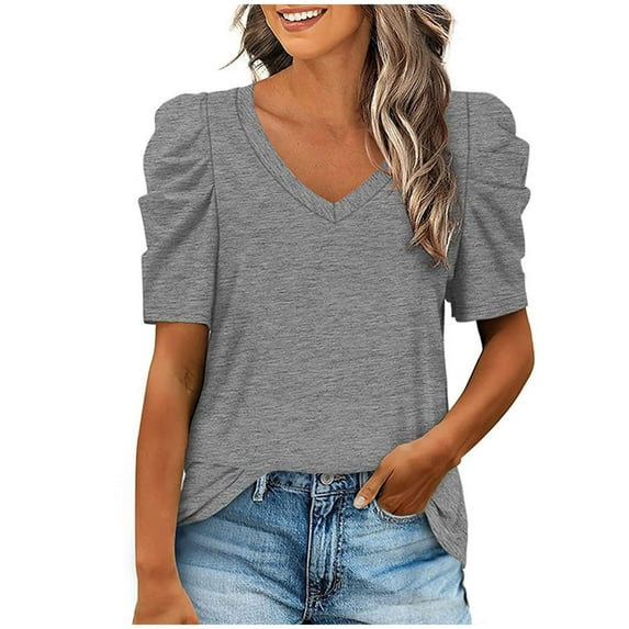 BLVB Womens Summer Shirt V Neck Casual Tshirts Puff Short Sleeve Tops for Women Trendy Tunic Solid Color