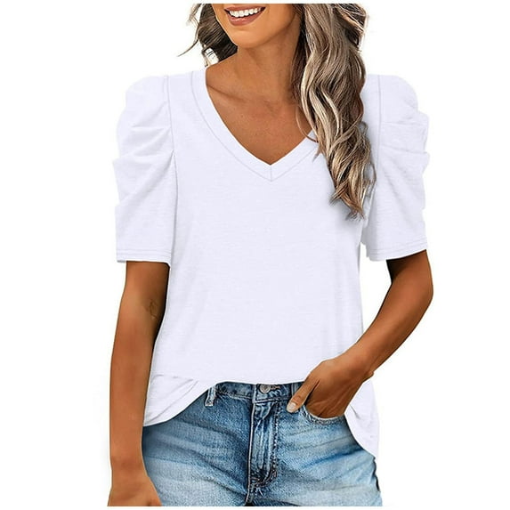 BLVB Womens Summer Shirt V Neck Casual Tshirts Puff Short Sleeve Tops for Women Trendy Tunic Solid Color