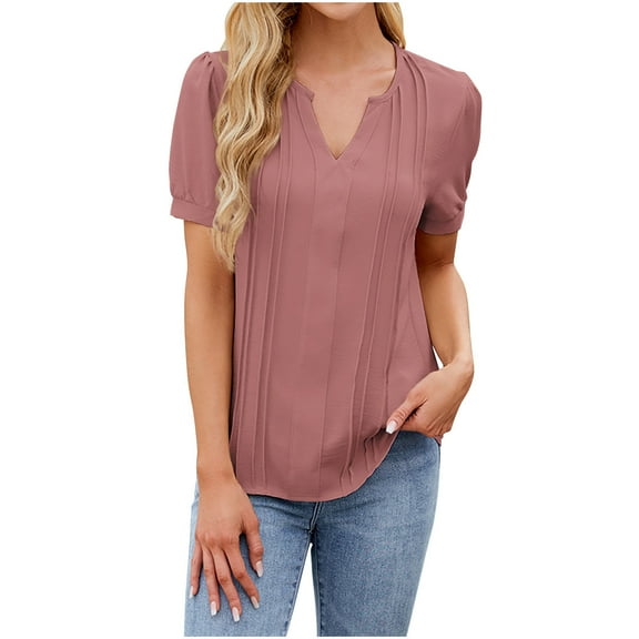 BLVB Womens Summer/Spring Dressy Casual Blouse Puff Short Sleeve Tunic Tops Fashion Pleated T-Shirts for Work Office