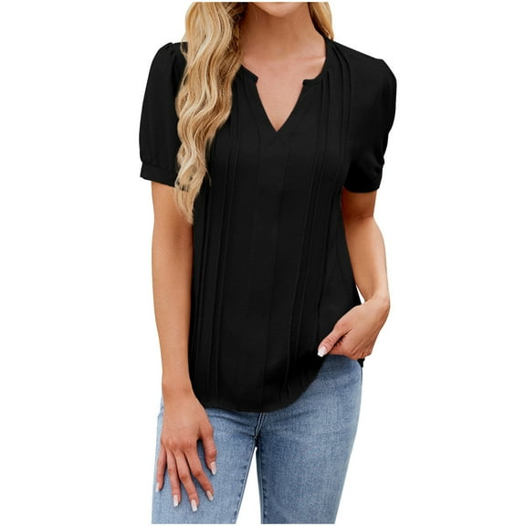 BLVB Womens Summer/Spring Dressy Casual Blouse Puff Short Sleeve Tunic Tops Fashion Pleated T-Shirts for Work Office