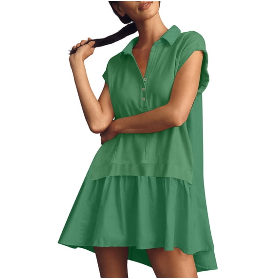 BLVB Womens Summer Sweatshirt Dresses Short Sleeve V Neck Casual Oversized Patchwork Pullover Tops Flowy Mini Dress