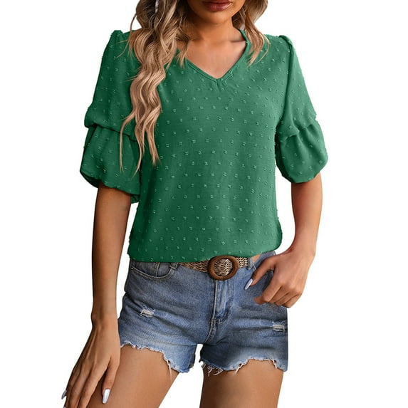 BLVB Womens Summer Tops Fashion Womens Chiffon Blouses Dressy Casual Vacation Shirt Cute Puff Sleeve Tops