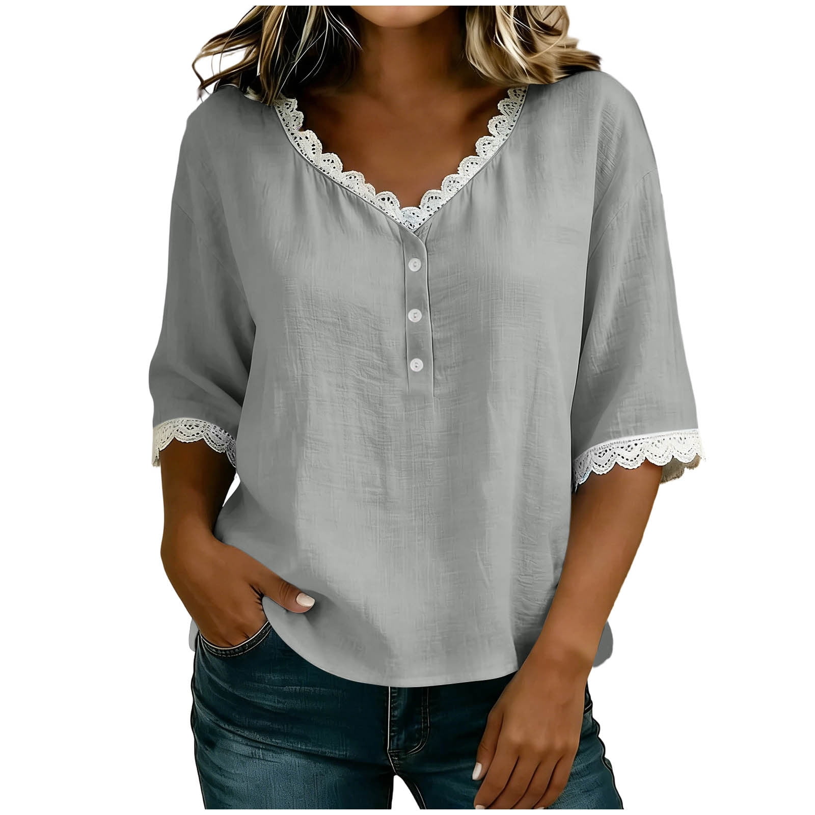 BLVB Womens Summer Tops Casual Linen Cotton Blouse Half Sleeve Lace V ...
