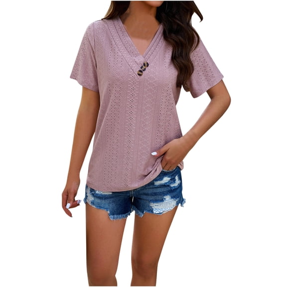 BLVB Womens Summer Tops Casual V Neck Tee Shirts Short Sleeve Button Fashion Loose Blouse Hollow out Work Tops
