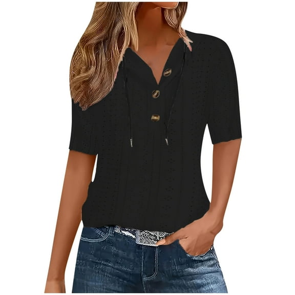 BLVB Womens Summer Tops Half Sleeve Lightweight Drawstring Hoodies Button V Neck Casual Eyelet Blouses Shirts Fall Outfits