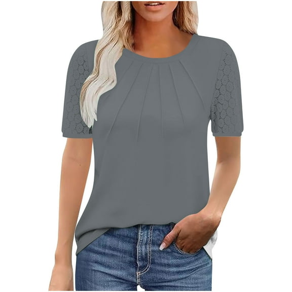 BLVB Womens Summer Tops Trendy Lace Short Sleeve Tshirts Shirts Crew Neck Pleated T Shirts Fashion Clothes