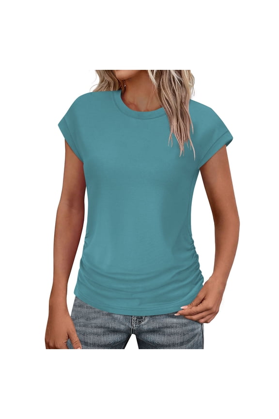 Womens Summer Tops Trendy Ruched Cap Sleeve Tshirts Shirts Crew Neck Plain T Shirts Fashion Blouse