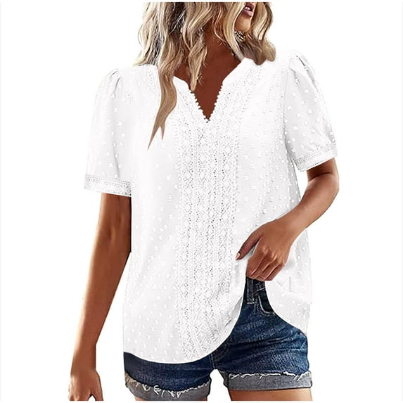 BLVB Womens Summer Tops V Neck T Shirts Puff Sleeve Tops Loose Casual Blouses Flowy Vacation Outfits