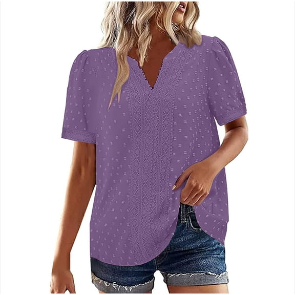 BLVB Womens Summer Tops V Neck T Shirts Puff Sleeve Tops Loose Casual Blouses Flowy Vacation Outfits