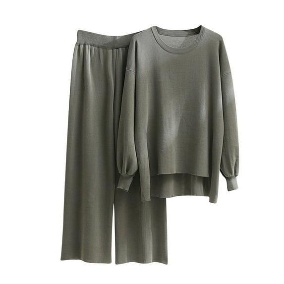BLVB Lounge Sets for Women 2 Piece Outfits Knit Pullover High Low Hem Tops and Wide Leg Pants Sweater Set Tracksuits